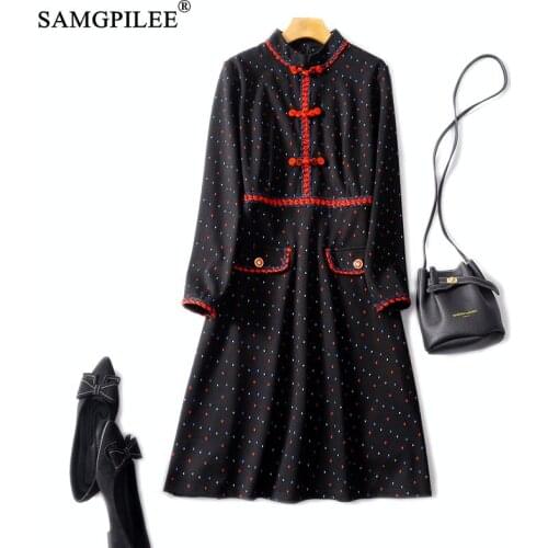 Dresses For Women 2021 New Vintage A-line Print Full Button Knee-length Empire O-neck Korean Plus Size Winter Dress Woman 4XL