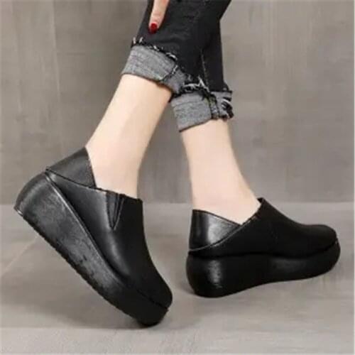Retro Handmade Womens Shoes Soft Leather Slope Heel National Style Loose Cake Shoes Female Comfortable Thick Soled Casual Shoes