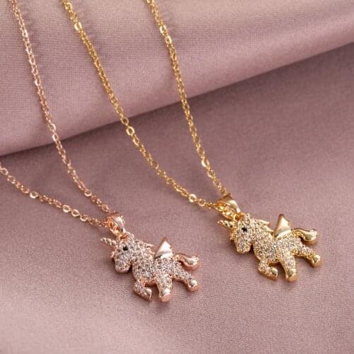Cute Crystal Unicorn Pendant Necklace Stainless steel Chain For Women Girls Horse Animal Charms Choker Jewelry Party Gifts