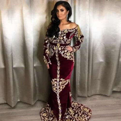 Vestidos Moroccan Kaftan Evening Dress With Applique Crystal Prom Gown Elegant Burgundy Velour Arabic Muslim Formal Gown Custom