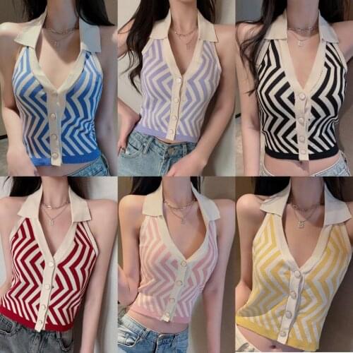 2021 New Retro Polo neck sexy backless contrast stripe knitted suspender vest for women