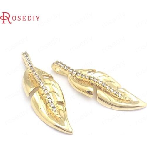 40360)4PCS 8x24.3MM 24K Gold Color Brass and Zircon Feather Charms Pendants Jewelry Making Supplies Diy Findings Accessories
