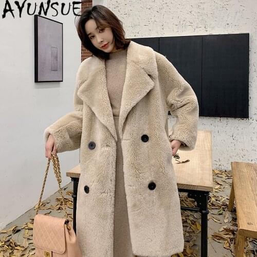 AYUNSUE Real Fur Coat Women Winter Clothes Sheep Shearing Warm Long 100% Wool Fur Jacket Woman Fashion Outwear Veste Femme