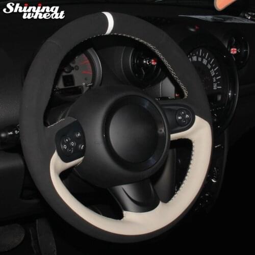 Shining wheat Hand-stitched Black Suede Beige Leather Car Steering Wheel Cover for Mini Coupe