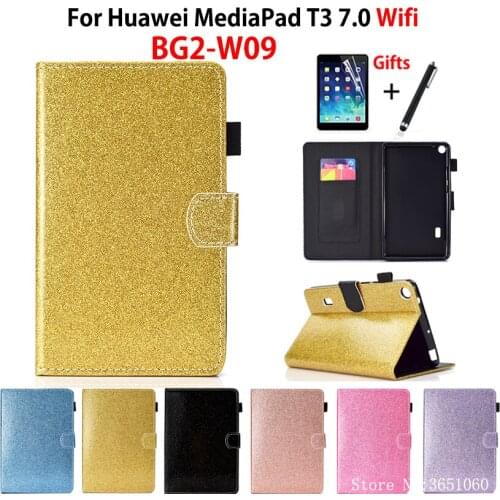 Glitter Case for Huawei MediaPad T3 7.0 WIFI BG2-W09 Cover Funda Silicone PU Leather Skin for Honor Play Pad 2 7.0 +Film+Pen