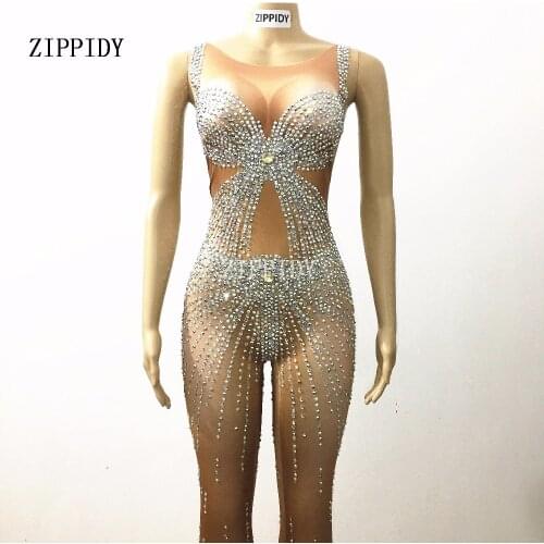 Bling Crystals Rompers Womens sexy Jumpsuit Party Costume Stage Wear Bodysuit Women Singer Rhinestones Nude Color Outfit