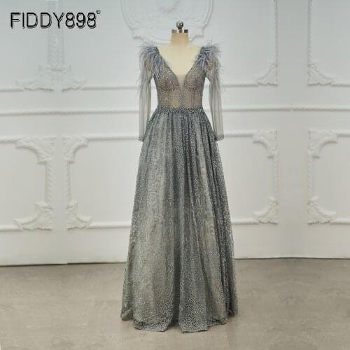 Elegant Evening Dresses Long Feather Shiny Beaded V Neck Prom Dress 2020 robe de soiree for Party Formal Dresses OEV-L4255