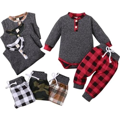 3-18M Baby Plaid Print/Camouflage Clothes Set Long Sleeve O-neck Romper + Elastic Waist Trousers Autumn Spring Outfits
