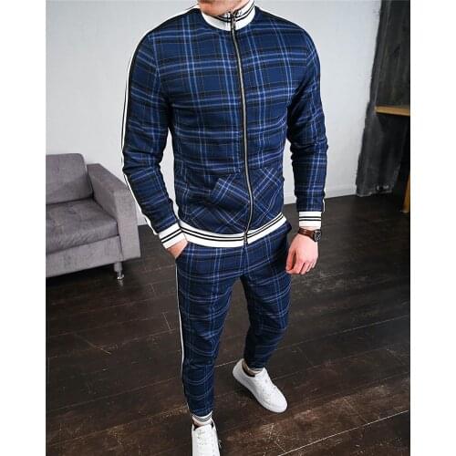 2021 New Fashion Jackets Men Tracksuit Sets Mens set Plaid Men Casual Zipper Set summer Tracksuit Set Male Sweatshirt Sport Suit