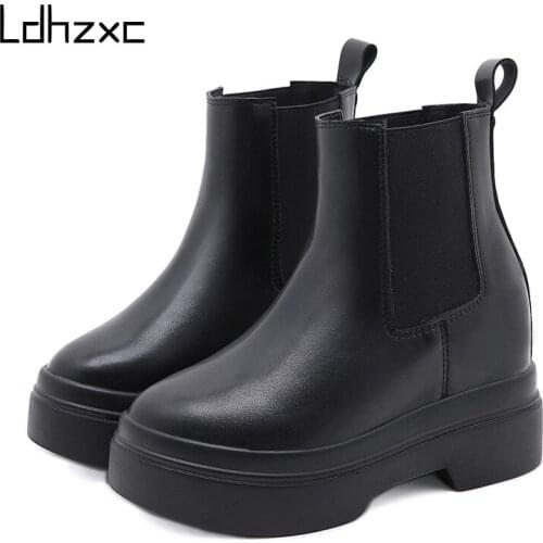 LDHZXC 2020 Autumn Women Short Boots winter Wedges Thick Platform Female Casual Shoes Black Fashion Lady Ankle Boots Slip-Onn