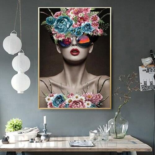 Fashion beautiful woman portrait and flower diamond painting mural rhinestone mosaic art picture living room home decoration