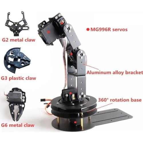 6DOF Metal PTZ Robot Arm Kit G2/G3/G6 Claw 360° Rotation Base DIY Mechanical Arm with 6pcs High Torque Servos DIY Toy for Study