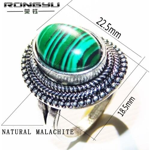 New fashion jewelry inlaid natural malachite Noble watermelon green ring electroplated s925 ancient silver engagement ring