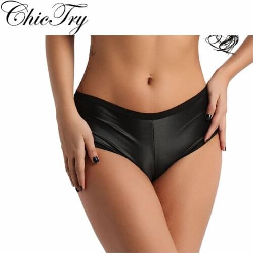 New Arrival Female Women Lingerie Wet Look Faux Leather Back Ruffled Stretchy Bikini Briefs Underwear Underpants for Nightwear