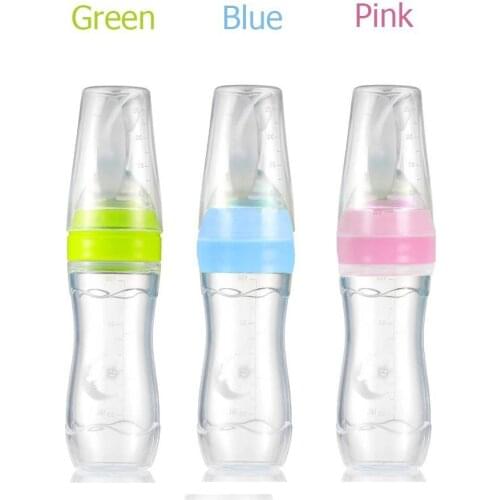 Newborn Boys Girls Solid Feeding Cups Utensils Baby Silicone Squeeze Feeding Bottle With Spoon Food Rice Cereal Feeder