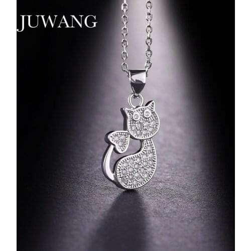 JUWANG 3 Colors Sliver Color Cute Cat Cubic Zirconia Pendant Necklace for Women Girls Woman Gift Fashion Jewelry Wholesale