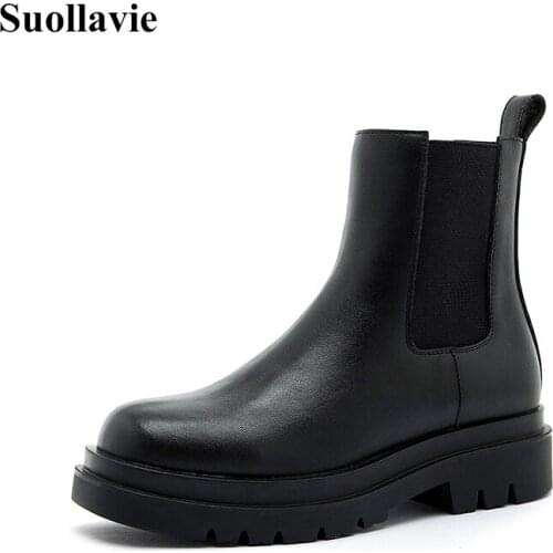 Suollavie hot popular 2021 women boots solid black leather shoes women Fashion platform footwear round toe ankle Chelsea Boots