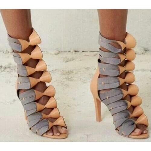 Drop Shipping 2017 Summer Luxury Women Gladiator Cuts Out Folding Bow Ties Peep Toe Mid-calf Short Boots Custom Shoes