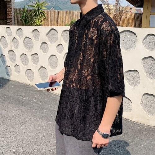 2021 Japanese Harajuku Night club Shirts Men Hip Hop Oversized Transparent Mesh Fabric Shirts Short Sleeve Casual Tops M-2XL