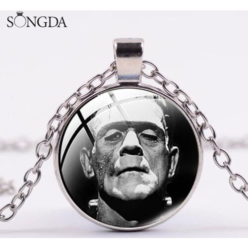 Traditional Frankenstein Necklace Science Monsters Frankenstein and His Bride Pendant Gothic Chain Jewelry Gift for Fans