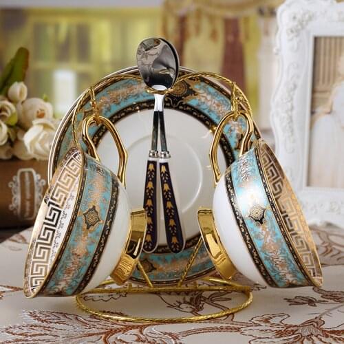 High-grade gold rim bone china coffee cup European-style English afternoon tea cup saucer ceramic flower tea cup coffee mug set