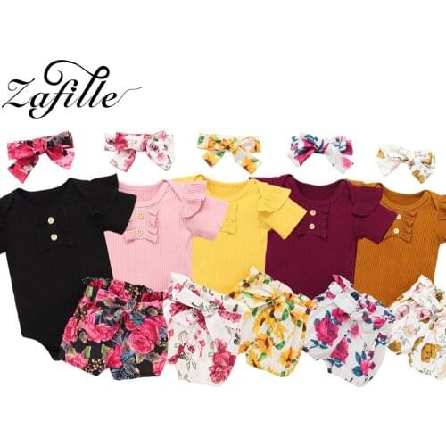 ZAFILLE Cotton Baby Girl Clothes Set Ruffle Floral Button Romper+Shorts 2pcs Girl Sets Summer Clothes For Newborn Outfit