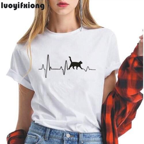 Cat Heartbeat Lifeline Letters Print Women Tshirt Short Sleeve Casual Funny Tee Shirt Femme 2019 Summer Hipster Shirt Women Tops