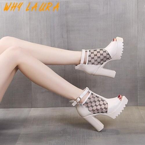 Mesh surface breathable 2021 new fish mouth high heel fashion cool boots lady wind Baotou charming word buckle Roman shoes