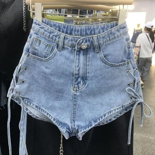 Side Bandage High Waist Denim Shorts For Women 2021 Summer New Elastic Tight-Fitting Hip Retro Hot Pants Sexy Streetwear Y1419
