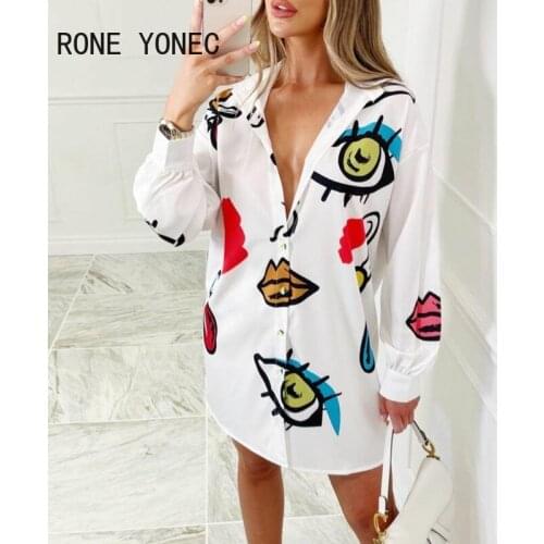 Women Casual V neck Puff Sleeves Lips and Eyes mini Sexy white shirt Dresses