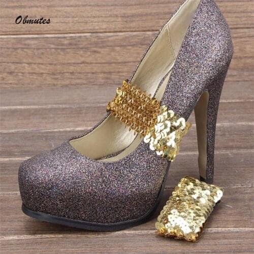 1 Pair Women Elastic Band Shoe Strap Sequins Lazy Shoelace for High Heel Strap Lady Shoes Sneakers Strings Anti-loose Strap