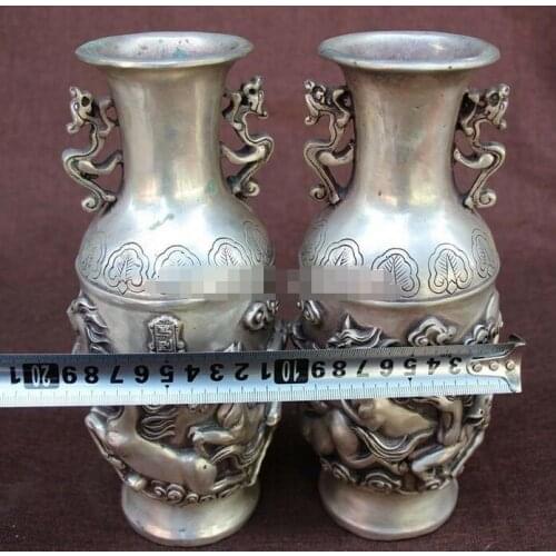 10'' bronze copper silver plating relief carved animal eight horse vase Pai