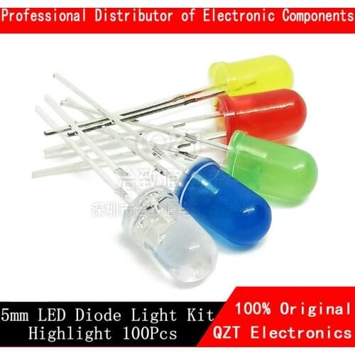 100PCS 5MM F5 LED Diode 5 mm Light Assorted Kit Green Blue White Yellow Red COMPONENT DIY kit