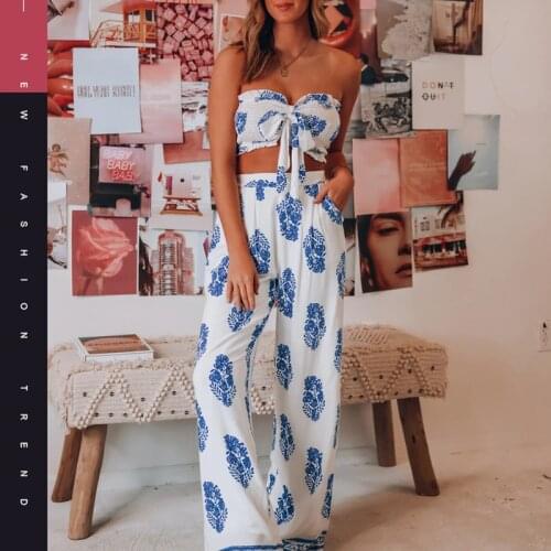 2 Pieces Suit Set Female Floral Print Sleeveless Strapless Crop Tops+ Long Loose Pants for Summer Fashion Matching Sets