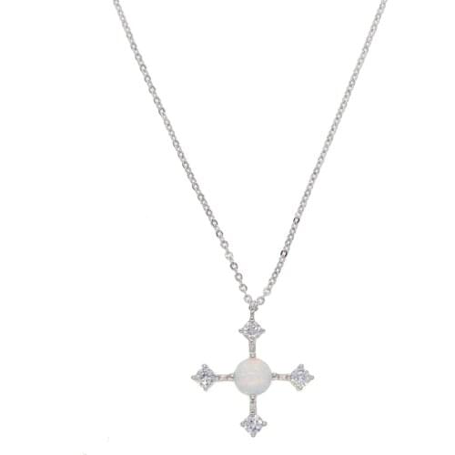 2021 High Quality Elegant White Fire Opal Stone Cross Design Pendant Necklace With Cz Paved For Women Crystal Cz Chocker Jewelry