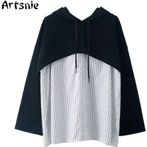 Artsnie Spring 2021 Sweatshirt Women Hooded Long Sleeve Oversized Hoodies Streetwear Casual Fake Two Striped Sweatshirts Female