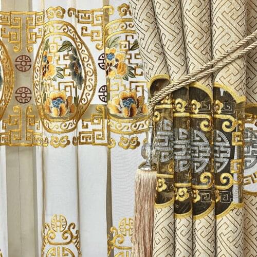 Chinese Royal Golden Color Velvet Curtains For Living Room Bedroom Luxury Embroidered Flower Tulle Window Drapes for Dinner Room