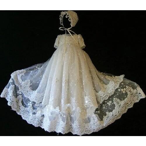Newborn Baby Girl Christening Gown Lace Applique Infant Girls Princess Lace Baptism Dress Toddler Baby 1 Year Birthday Clothes