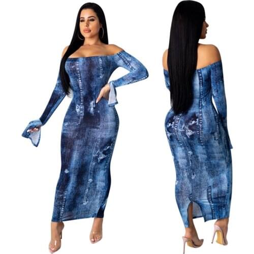 Womens Off Shoulder Print Long Sleeve Denim Dress