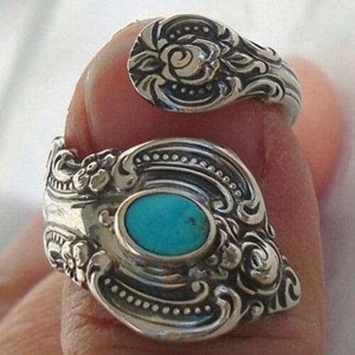 Personality Vintage Silver Color Turquoises Ring Natural Blue Stone Flower Pattern Finger Rings for Women Men Boho Jewelry