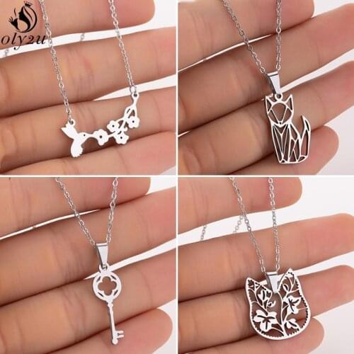 Dainty Stainless Steel Necklaces Origami Fox Cat Birds Pendant Necklace for Women Classic Love Key Necklace Chokers Collier 2020