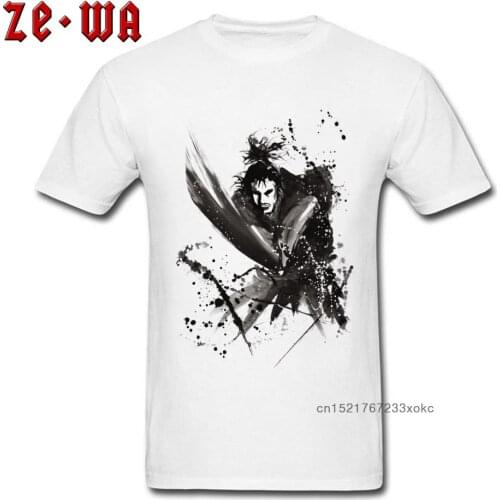 Classic T-shirt Men Black White Tops Japanese Samurai Ink Design T Shirts Youth Plus Size Clothes Cotton Tee Shirt Japan Style