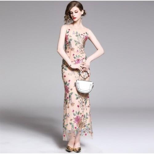 MIUXIMAO 2020 Summer Dress High Quality O-neck Flowers Mesh Embroidery Long Dress Slim Casual Runway Dress Women Vestidos