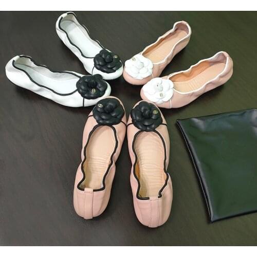 Genuine Leather Flats Women Shoes Round Toe Large Size 41 Camellia Ballet Shoes Shallow Slip-on Sweet Flower Casual Shoes Female