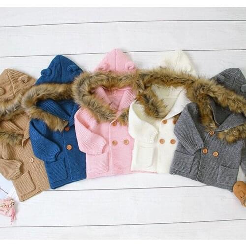 New Winter Baby Boys Girls Knitted Cardigan Jackets Autumn Warm Infant Baby Fur Hooded Sweaters Kids Long Sleeve Coat