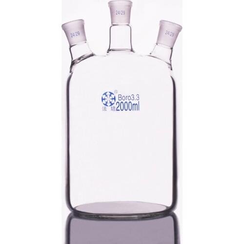 Single-deck cylindrical three-necked flat-bottom flask 2000ml,Main 24/29,Side 24/29,Single-deck cylindrical reactor bottle