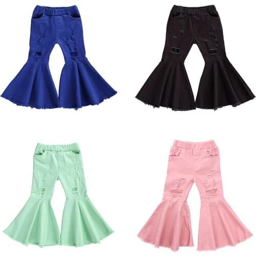 2020 Autumn Fashion Toddler Baby Girls Jeans Pants 2-7Y Solid Hole Long Elastic High Waist Flare Pants 4 Colors