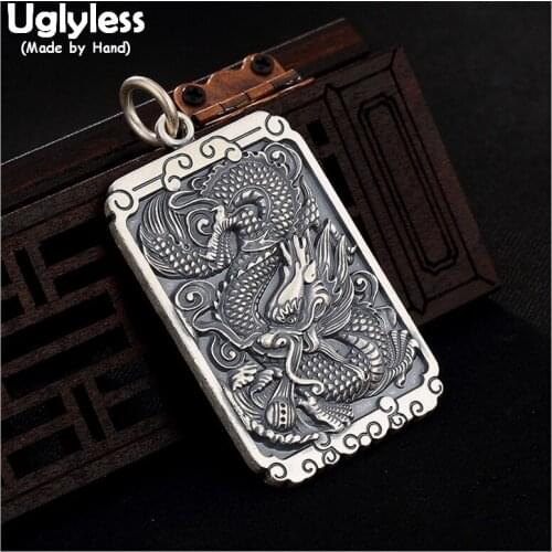 Uglyless Real 999 Full Silver Dragon Pendants Necklaces NO Chain Asian Ethnic Totem Dragons Thai Silver Square Pendant Mantra