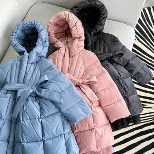 Baby girl winter sweet mesh stitching down cotton padded coat kids hooded slim waist princess warm outwear