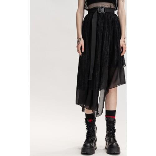 PUNKRAVE Womens High Waist Elastic Waist Pleated Lace Skirts Streetwear Handsome Irregular Hem Cotton Chiffon Half Skirt